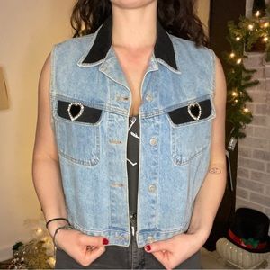 Vintage streets ahead denim vest with black collar and bedazzled heart details